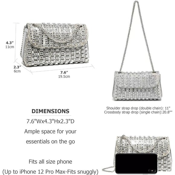 ⚡ Women\'s Rhinestones Silver Chain Shoulder Sparkly Cocktail Clutch Party Bag